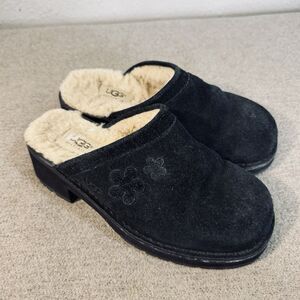 VTG UGG Clogs Willow Foliage Black Suede Leather Shearing Lined Y2K Mule Size 8
